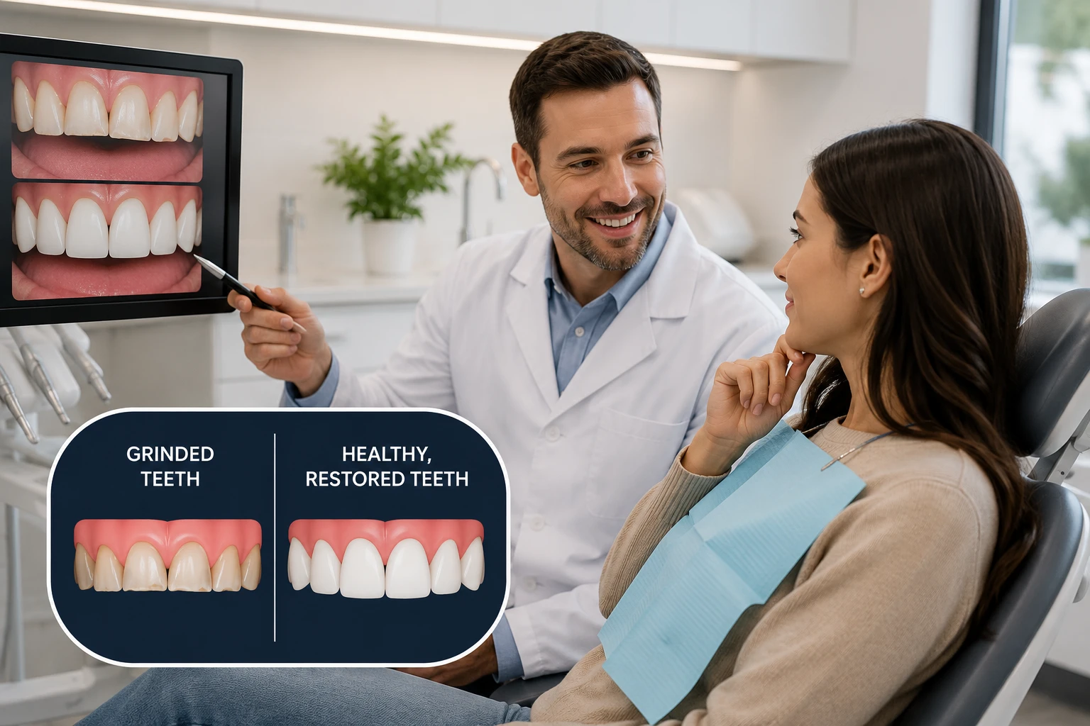 Dentist explaining treatment options for grinded teeth and enamel wear to a patient