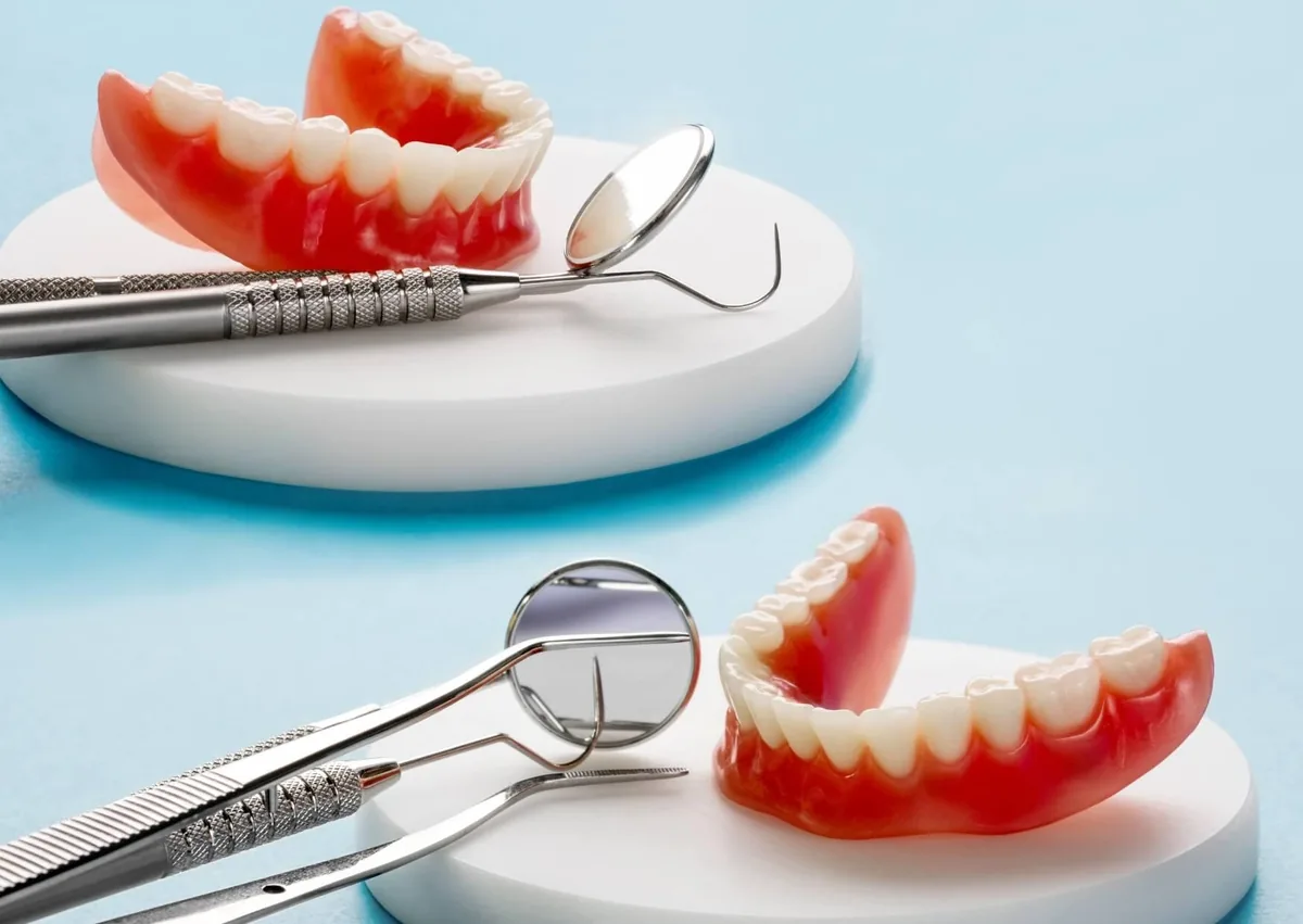 Full mouth dentures and dental tools representing treatment options that can affect full mouth dental implant costs.